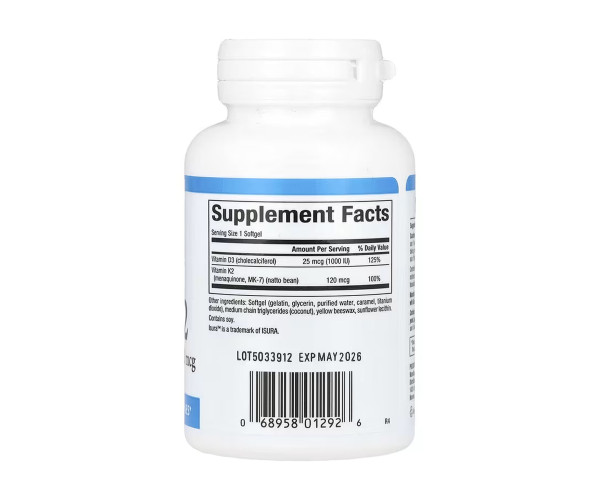 Vitamin D3 & K2 25 mcg (1000 IU) & 120 mcg - 60 softgels