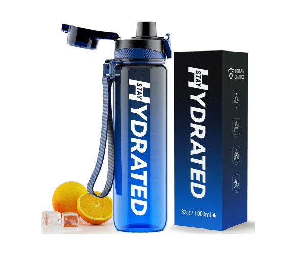 Hydrated Water Bottle - 1000ml Tritan Blue Gray