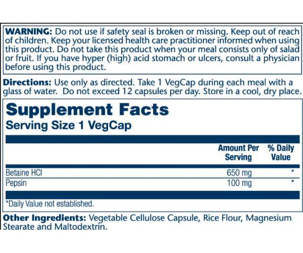 High Potency Betain HCl with Pepsin 650mg - 100 vcaps