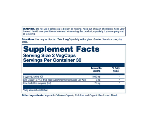 L-Lysine with Beta Glucan 1000mg - 60 vcaps